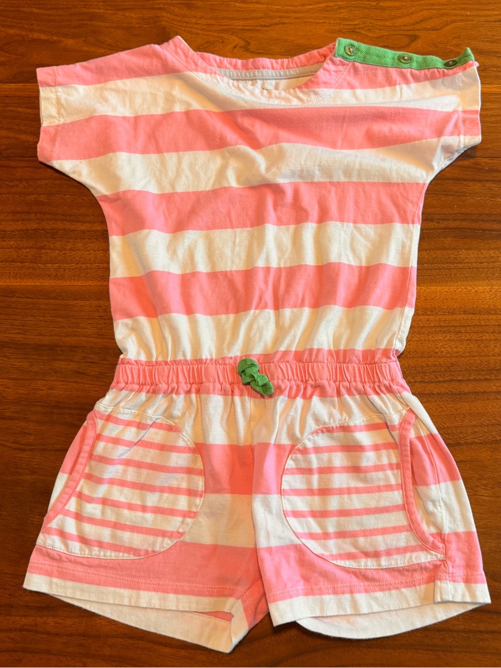 Mini Boden Pink & White Striped Cotton knit Romper with Green Accent GUC Sz 7-8